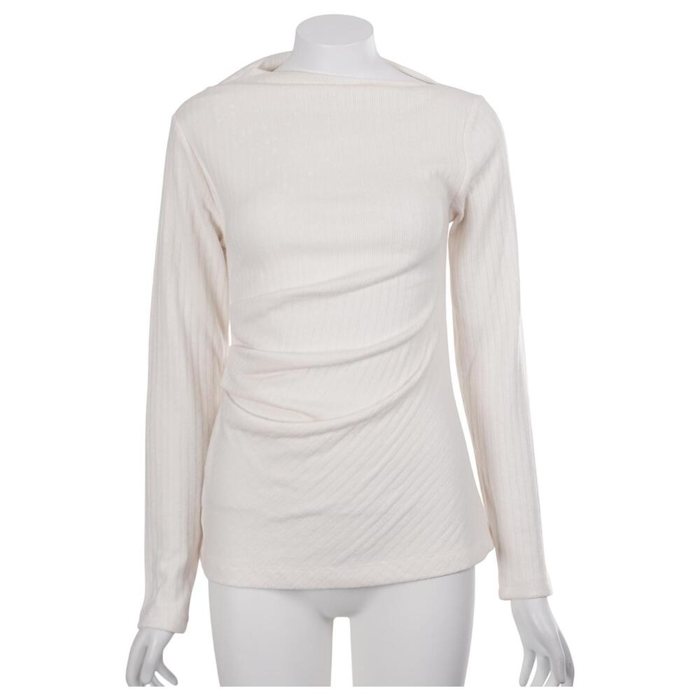 NWT LOFT Top S Ivory Rib Knit Stretch Asymmetric Ruched Long Sleeve